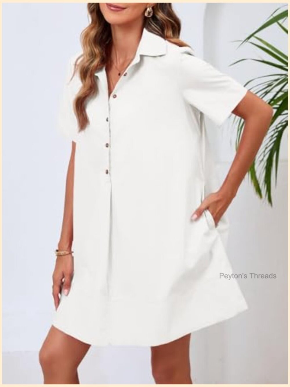 Oversized Button Mini Dress Short Sleeve Collared V Neck Summer Flow - Picture 4 of 7